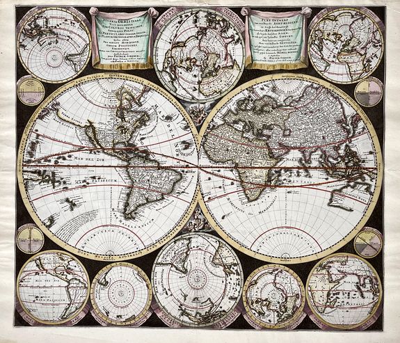 SCHENK, Pieter., Diversa Orbis Terrae. Visu Incedente per Coluros Tropicorum, Ambos Ejus Polos, et Parciularis Sphaerae Zenith, in Planum Orthographica Projectio. . ., antique map, old maps