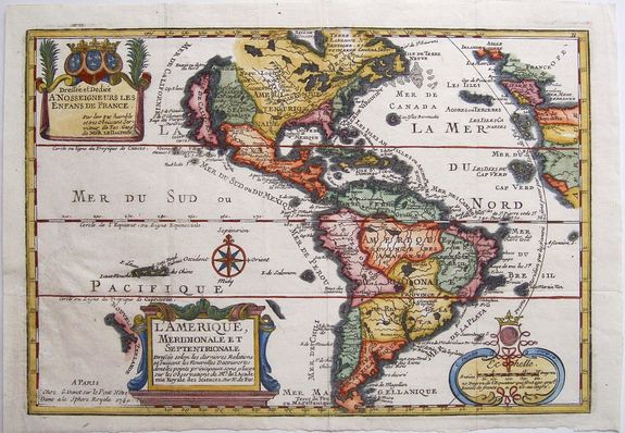DE FER, N / Danet., L'Amerique, Meridionale et Septentrionale. Dressee selon les dernieres relations et suivant les nouvelles decouvertes dont les points principaux sont placez sur les observations de Mrs. de l'Academie Royale des Sciences. . . , antique map, old maps