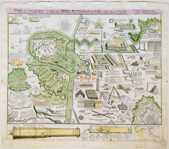 HOMANN. J. B., Tafel in Welcher alle gehorige Werck-zeuge zur Kriegs-Kunst, Vestungs-Bau und Artillerie, zu Belagerund der Staette, Vestungen und Schlosser, in Feld Schacten, Heer Lager und Lager Plaetzen..., antique map, old maps
