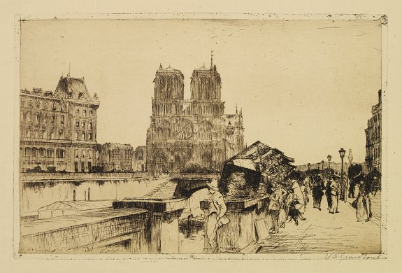 W.A.GRONDHOUT(1878-1934), Paris, Notre Dame and bridge over the Seine., antique map, old maps