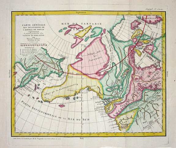 VAUGONDY, R., Carte Generale des Decouvertes de l' Amiral de Fonte representant la grande probabilite d'un Passage au Nord Ouest, antique map, old maps