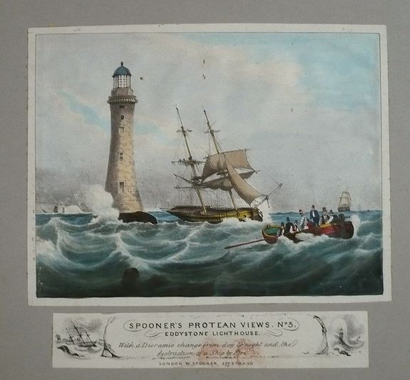 SPOONER, W., Coloured lithographic dioramic print of a shipwreck beside the Eddystone Lighthouse, United Kingdom. , antique map, old maps
