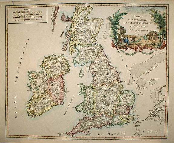VAUGONDY,R., Carte des grandes routes d'Angleterre, d'Ecosse.. Irlande., antique map, old maps