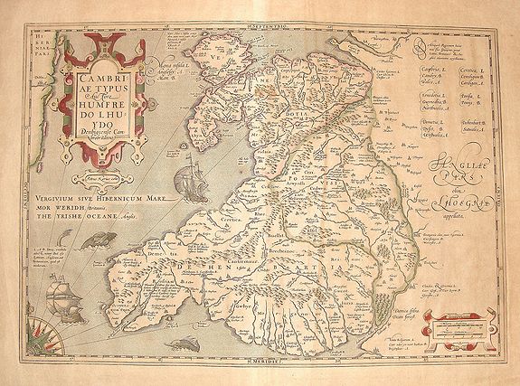 Hondius, J., Cambriae Typus auc fore Humfre Do Lhuydo Denbigienle Cambrobritanno, antique map, old maps