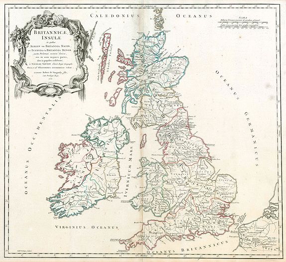 DE VAUGONDY, R., Britannicae, Insulae in quibus Albion sen Britannia Major, ..., antique map, old maps