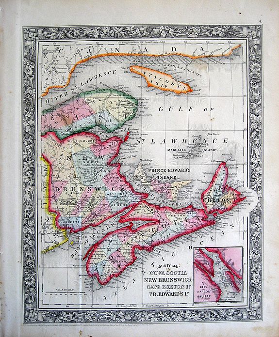 S. Augustus Mitchell, County Map of Nova Scotia, New Brunswick, Cape Breton Island... , antique map, old maps