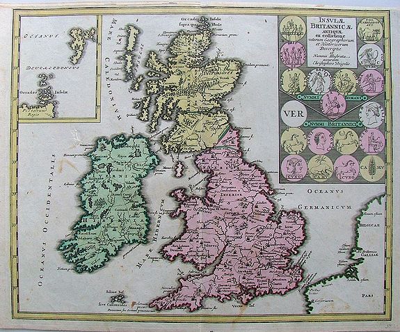 Weigel, Christoph (Heirs), Insulae Britannicae Antiquae ex collatione., antique map, old maps