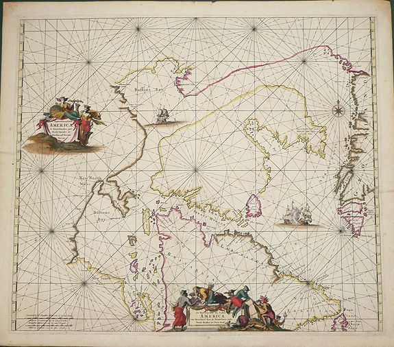 DE WIT, F., Septemtrionaliora Americae a Groenlandia, per Freta Davidis, et Hudson, ad Terram Novam - De Noordelyckste Zee kusten van America van Groenland door de Straet Davis ende Straet Hudson tot Terra Neuf, antique map, old maps