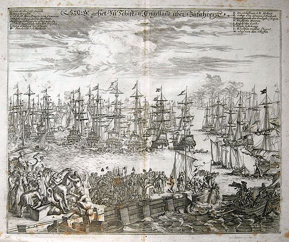 MERIAN, M., S. K. H. gehet zu Schiff in Engelland über Zufahren, antique map, old maps