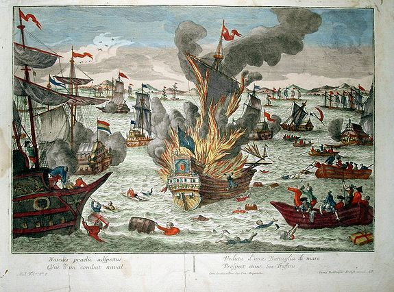 PROBST, G. B., NAVALIS PRAELII ADSPECTUS, VUE D'UN COMBAT NAVAL, VEDUTA D'UNA BATTAGLIADI MARE, PROSPECT EINES SEE-TREFFENS., antique map, old maps