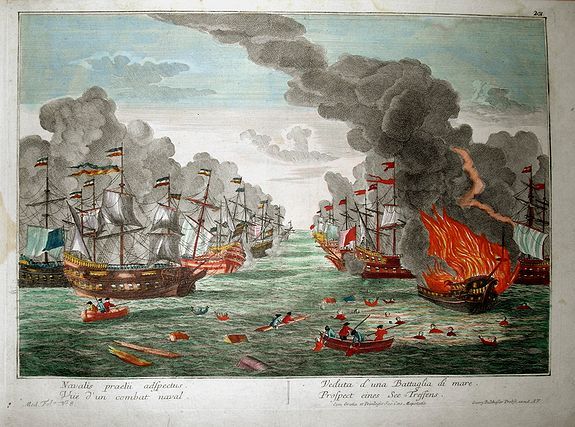 PROBST, G. B., NAVALIS PRAELII ADSPECTUS, VUE D'UN COMBAT NAVAL, VEDUTA D'UNA BATTAGLIADI MARE, PROSPECT EINES SEE-TREFFENS., antique map, old maps