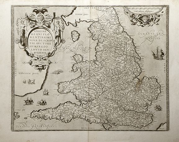 ORTELIUS, A., Angliae Regni Florentissimi Nova Descriptio, Auctore Humfredo Lhuyd Denbygiense. 1573. , antique map, old maps