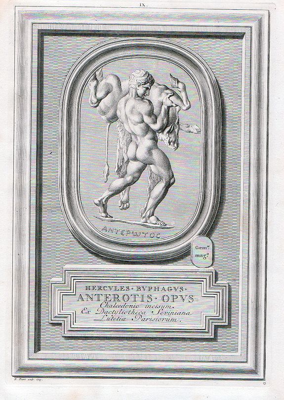 PICART, B., IX HERCULES . BUPHAGUS . ANTEROTIS . OPUS chalcedonio incisum ex dactyliotheca seviniana lutetiae parisiorum., antique map, old maps
