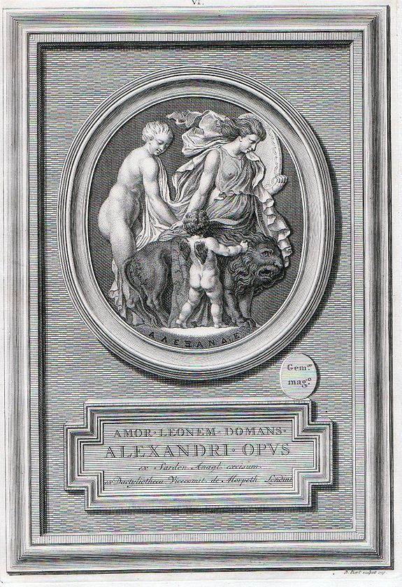 PICART, B., AMOR . LEONEM . DOMANS . ALEXANDRI . OPUS . ex Sarden Anagt Excisum ex Dactyiotheca Viccomit de Morpeth Londini , antique map, old maps
