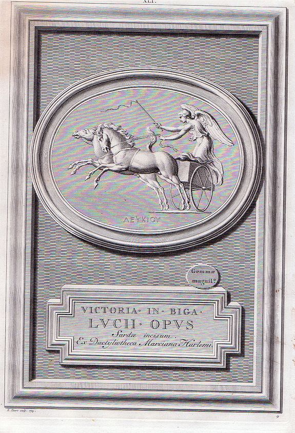 PICART, B., VICTORIA . IN . BIGA . LUCII . OPUS sardae incisum ex dactyliotheca MARCIANA HARLEMI, antique map, old maps