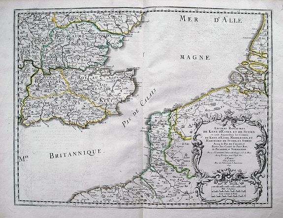 SANSON, N., Anciens Royaumes de Kent, d'Essex, et de Sussex: ou sont Aujourdhuy les Comtés de Kent, d'Essex, Middlessex, et Hartford de Sussex, et Surrey. Avecq le Pas de Calais, et Partie des Cotes du Pays Bas, de Picardie, et Normandie., antique map, old maps