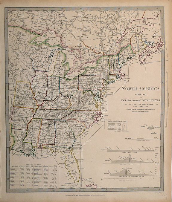 J & C Walker , North America, Index Map of Canada and the United States, , antique map, old maps
