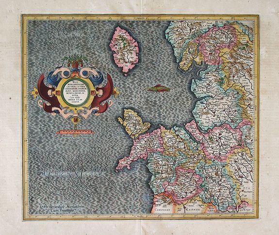 MERCATOR, G., WEST MORLANDIA, LANCASTRIA, CESTRIA, CAERNARVAN, DENBIGH, FLINT, MERIONIDH, MONTGOMERY, SALOPIA Cum insulis MANIA ET ANGLESEY, Per Gerardum Mercatorem., antique map, old maps