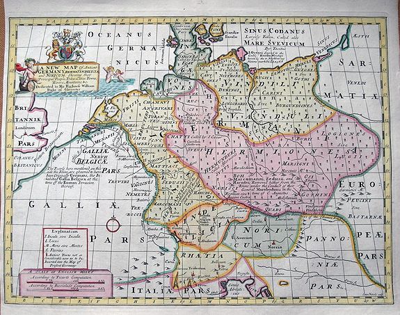 WELLS, E., A New Map of Antient Germany, Rhaetia, Vindelicia, and Noricum…, antique map, old maps