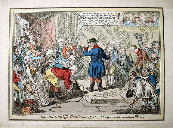 MILLER, J., An old English gentleman pester'd by servants wanting places., antique map, old maps