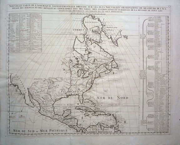 CHATELAIN, Henri Abraham, Nouvelle Carte de l\' Amerique Septentrionale dressee sur les plus Nouvelles Observations de Messieurs de l\' Academie des Sciences et des Meilleurs Geographes avec des tables tres instructives et curieuses de la division de tous les Etats. , antique map, old maps