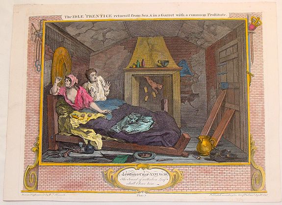 HOGARTH, W., The Idle Apprentice Returned From Dea & in a Garret With a Common Prostitute., antique map, old maps