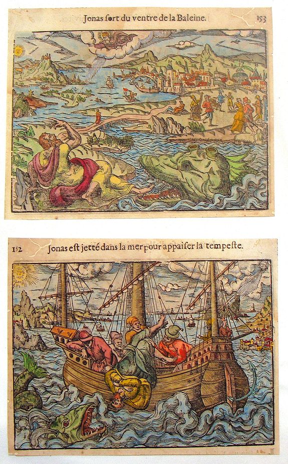 LECLERC, J., Jonas From the Belly of the Whale & Jonas Thrown Into the Sea (Two Woodcut Engravings), antique map, old maps