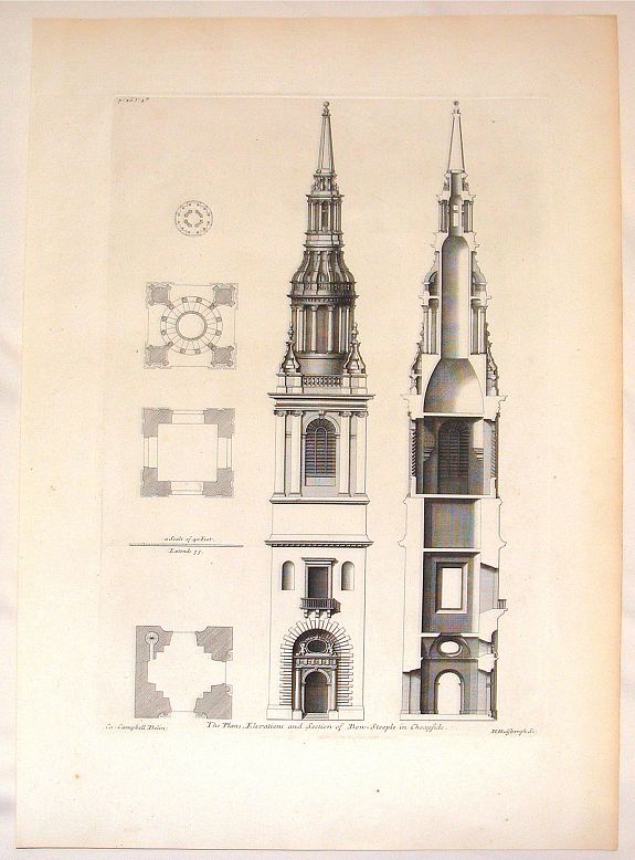 CAMPBELL, C., The Plans, Elevations and Section of Bon-Steeple in Cheapside., antique map, old maps