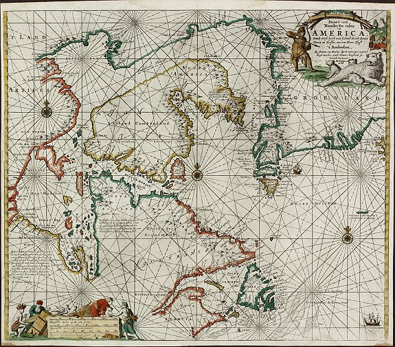 van Keulen, J., Pascaarte vande Noorder Zee Custen van America, vande West-Hoeck van Ysland doorde Straet Davis en Hudson, tot aen Terra Neuf, antique map, old maps