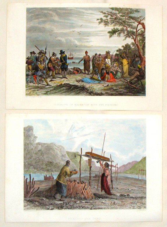 EASTMAN, S., (2 Engravings) Interview of Massacoit with the Pilgrims and Feeding the Dead., antique map, old maps