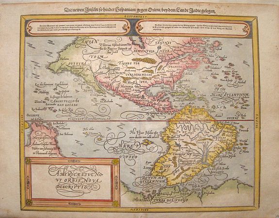 MÜNSTER,S., Americae Sive Novi Orbis Nova Descriptio. Die newen inseln so hinder Hispaniam gegen Orient, bey dem landt Indie gelegen, antique map, old maps