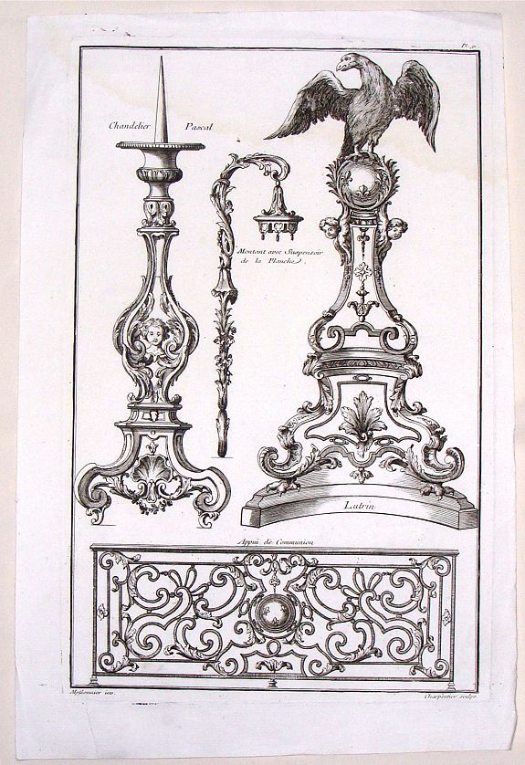 CHARPENTIER, F., Chandelier Pascal, Montant avec Suspensoir de la Planche, Lutrin, Appui de Communion., antique map, old maps
