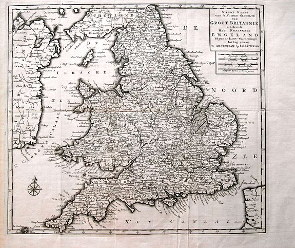 TIRION, I., Nieuwe Kaart van 't Zuider Gedeelte van Groot Britannie behelzende Het Koningryk Engeland..., antique map, old maps