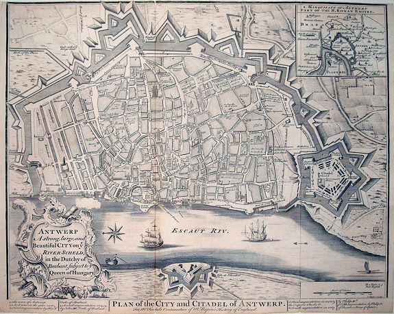 BASIRE, I., Antwerp A strong, large, and Beautiful City on ye River Scheld, in the Dutchy of Brabant, subject to ye Queen of Hungary / Plan of the City and Citadel of Antwerp, antique map, old maps