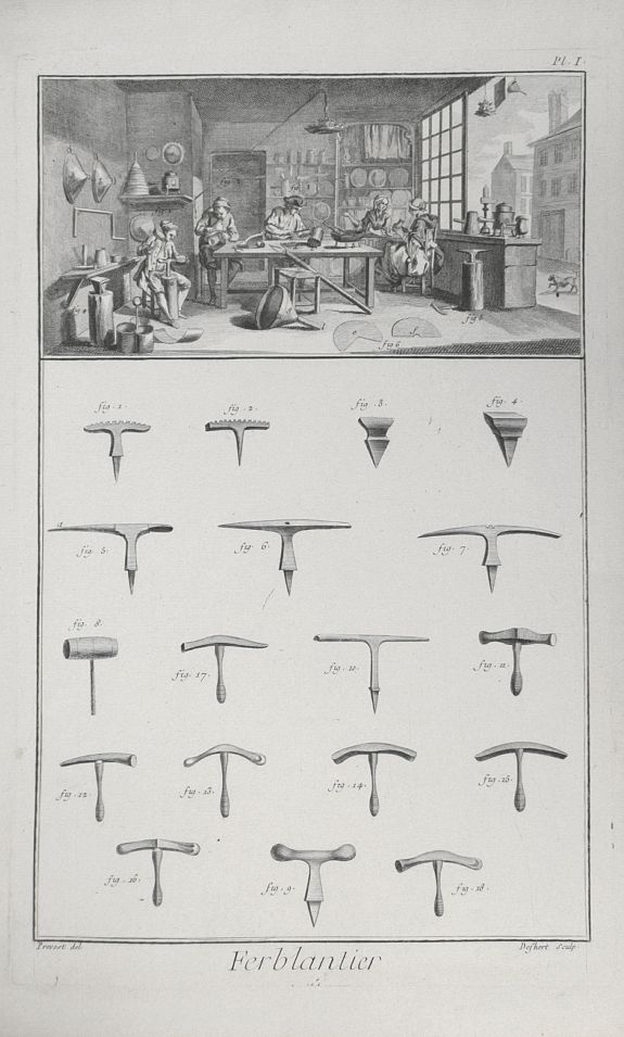 DIDEROT, D., (3 Plates showing Tin smiths) Ferblantier., antique map, old maps