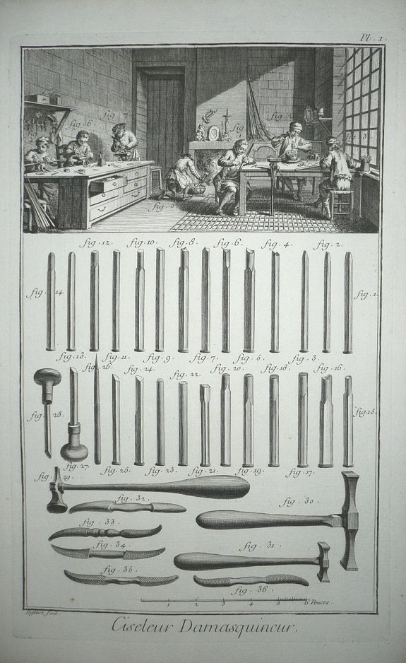 DIDEROT, D., Complete three plate set, \'Ciseleur et Damasquineur\' (Ornamental Metalwork and Damasking) from Diderot\'s , antique map, old maps