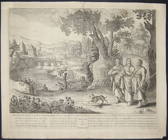 DE WIT, F./ SCHUTT, P., Et Factum est ut dum Coloquerentur, et se mutuo Rogitarent, ip se Jesus accederet, et una iter feceret cum ipsis., antique map, old maps