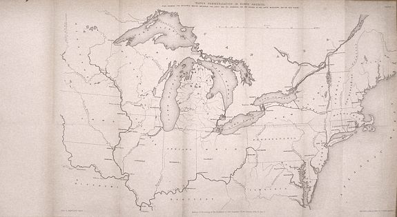 HARTLEY, Charles A., Water Communication in North America Plan showing the navigable routes between the lakes and the seaboard and the course of the upper Mississippi and the Ohio rivers., antique map, old maps