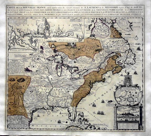 DE FER, N., Carte De La Nouvelle France, ou se voit le cours des Grandes Rivieres de. S. Laurens & de Mississipi Aujour d'hui S. Louis, Aux Environs des-quelles se trouvent les Etats, Pais, Nations, Peuples &c. de la Floride, de la Louisiane, de la Virginie, de la M, antique map, old maps
