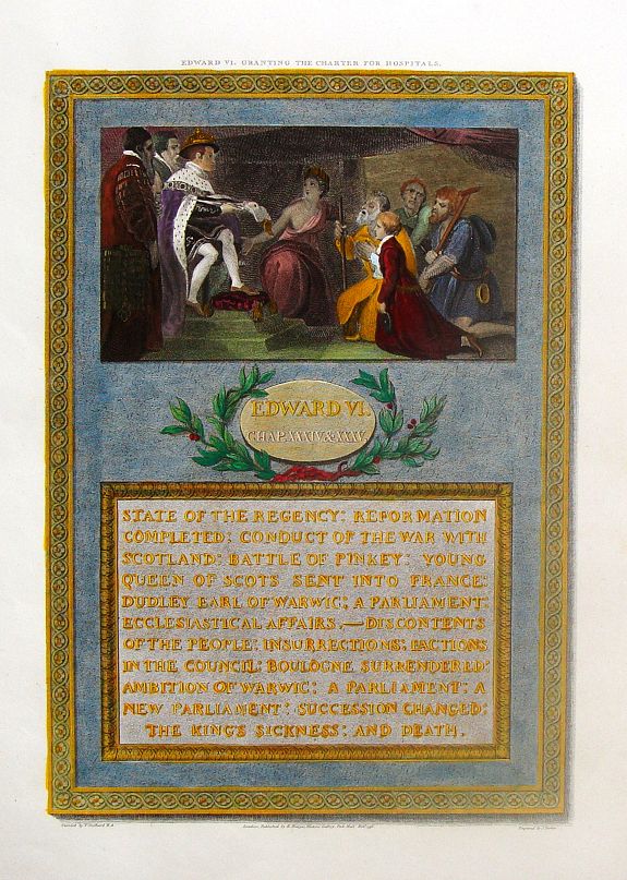 PARKER, J., Edward VI Granting the Charter for Hospitals., antique map, old maps