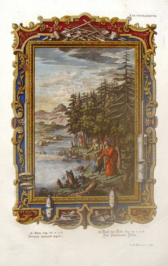 HEIIMAN, G. / SCHEUCHZER, J., Man Drops Borrowed Axe Head Into the Water., antique map, old maps
