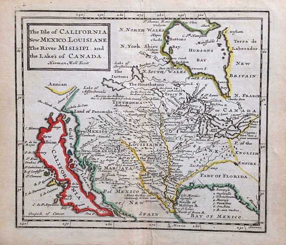 MOLL, Herman, The Isle of California, New Mexico, Louisiane, The River Misisipi and the Lakes of Canada., antique map, old maps