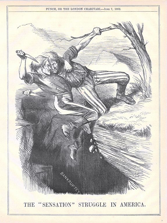 PUNCH, A set of 12 humorous prints. 1846, 1850, 1856, 1862, 1863, 1864, 1865. All with American, Civil War, Oregon Treaty and Abraham Lincoln interest , antique map, old maps