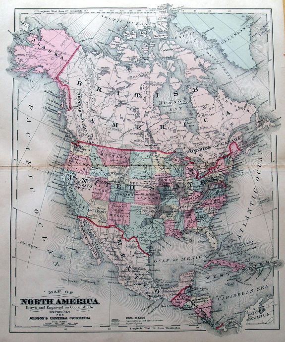 JOHNSON, J., Map of North America., antique map, old maps