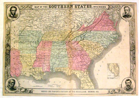 HARPERS, Map of the Southern States, Including Rail Roads, County Towns, State Capitals, County Roads, The Southern Coast From Delaware to Texas, Showing the Harbors, inlets, Forts and Position of Blockading Ships, antique map, old maps