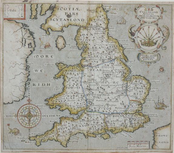 Christopher Saxton, & William Hole., ENGLALOND ANGLIA ANGLOSAXONUM HEPTARCHIA., antique map, old maps