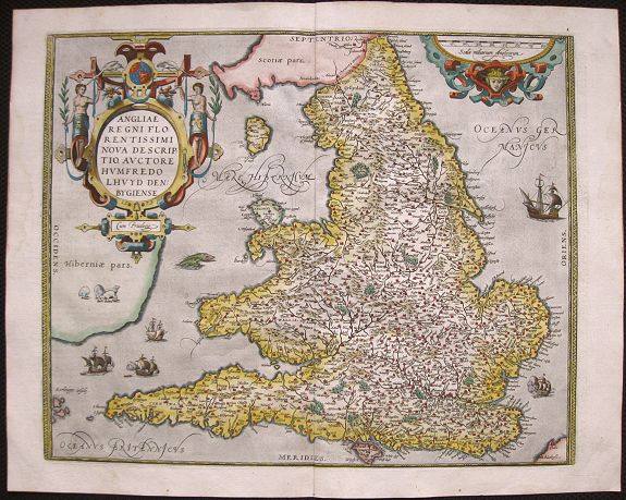ORTELIUS, A., Angliae Regni flo: rentissimi nova descriptio, auctore Humfredo Lhuyd., antique map, old maps