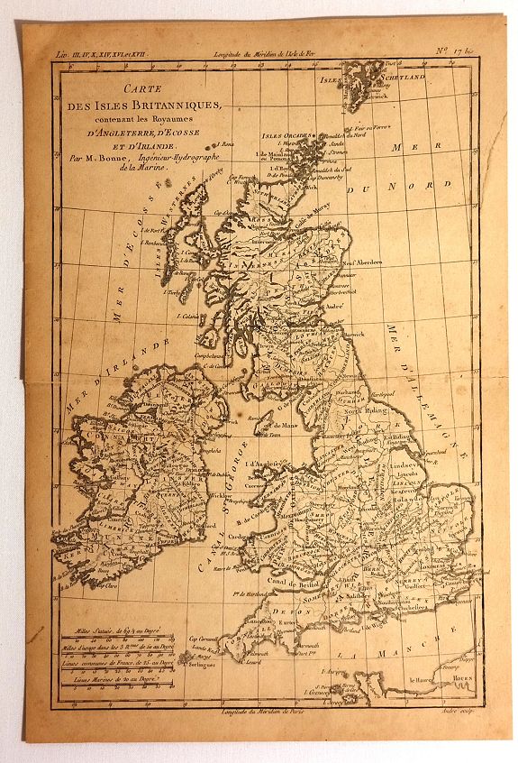 BONNE, R., Carte des Isles Britanniques, antique map, old maps