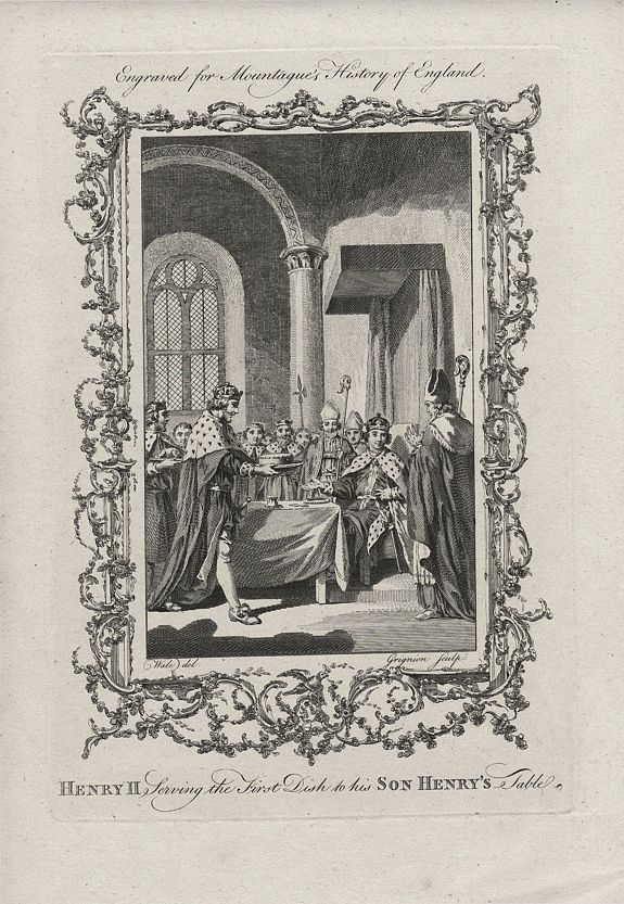 Mountagues History of England., Henry II Serving the First Dish to his Son Henry’s Table., antique map, old maps