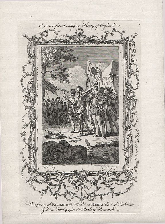 Mountagues History of England., The Crown of Richard the III Put on Henry Earl of Richmond by Lord Stanley after the Battle of Bosworth., antique map, old maps